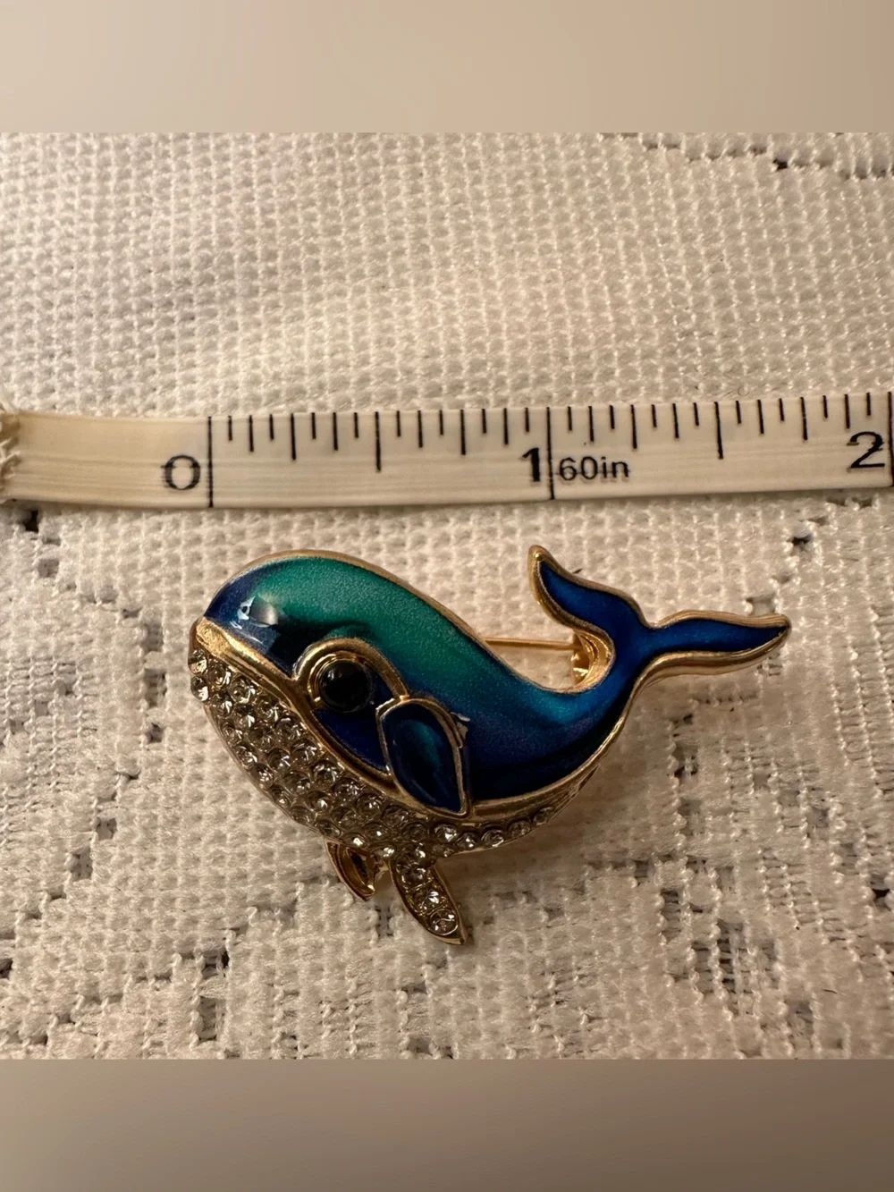 Blue-Green Enamel Whale Rhinestone Brooch